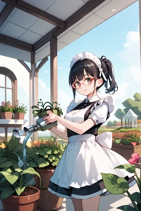 Black hair, glasses, maid, maid uniform, gardening, planter, colorful pansies in bloom, watering, outdoors,