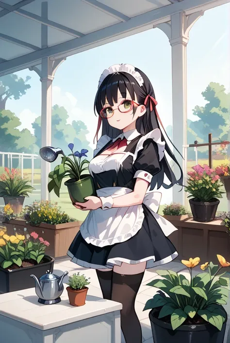 Black hair, glasses, maid, maid uniform, gardening, planter, colorful pansies in bloom, watering, outdoors,