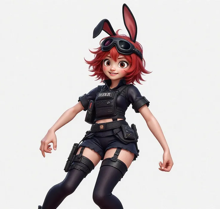  with tactical clothing or style ,  tactical black protective goggles over the hair, Red hair,  short hair ,  black eyes,  uniform black tactical ,  plate vest black ,  short shorts black , socks.  black thigh-length . black bunny ears, tired look,  look w...