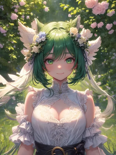 art by Cornflower,(  Masterpiece  ),( top quality:1.2),(  perfect anatomy ),owl，( 1 girl),Beautiful detailed green eye,Beautiful green hair,Green clothes,Layering, beautiful smile,( very detailed and elegant in the gardens of the Royal Castle),Classic Styl...