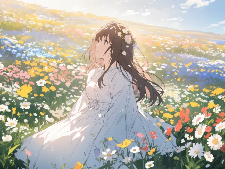 spring,   flowers blooming in the field ,  woman ,  look at the sky     