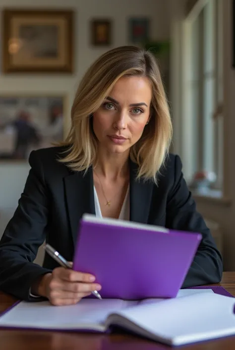 A Lady running for election writing her wishes on a purple note book
