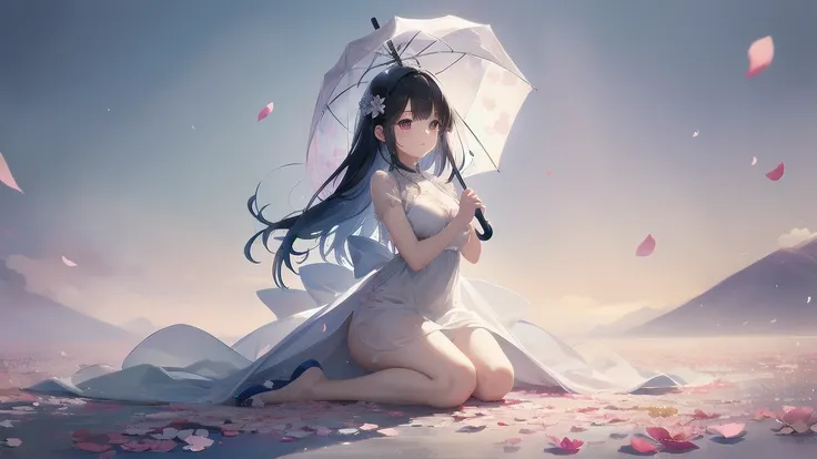 
 1 girl ( holding an umbrella (transparent, Tons of Petals Decorate Umbrellas )),  Massive Petals Fill the Air . Petals cover the ground .  minimalism, Simple Prism , one girl、    perfect anatomy   、 picturesque 、sketch、  very delicate  、 floral、Graceful ...