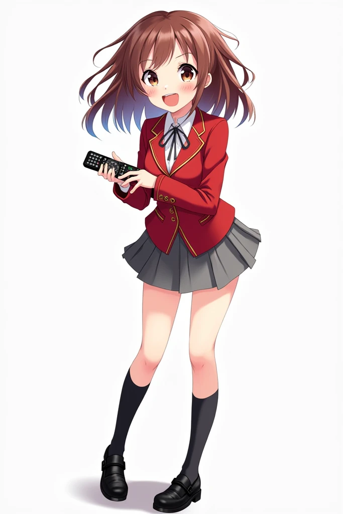 Anime teen girl with red blazer and gold lines and gold buttons and gray skirt and black knee-length socks and black leather shoes with full forehead and body and white background and with a television remote control with an expression of joy and nervousne...