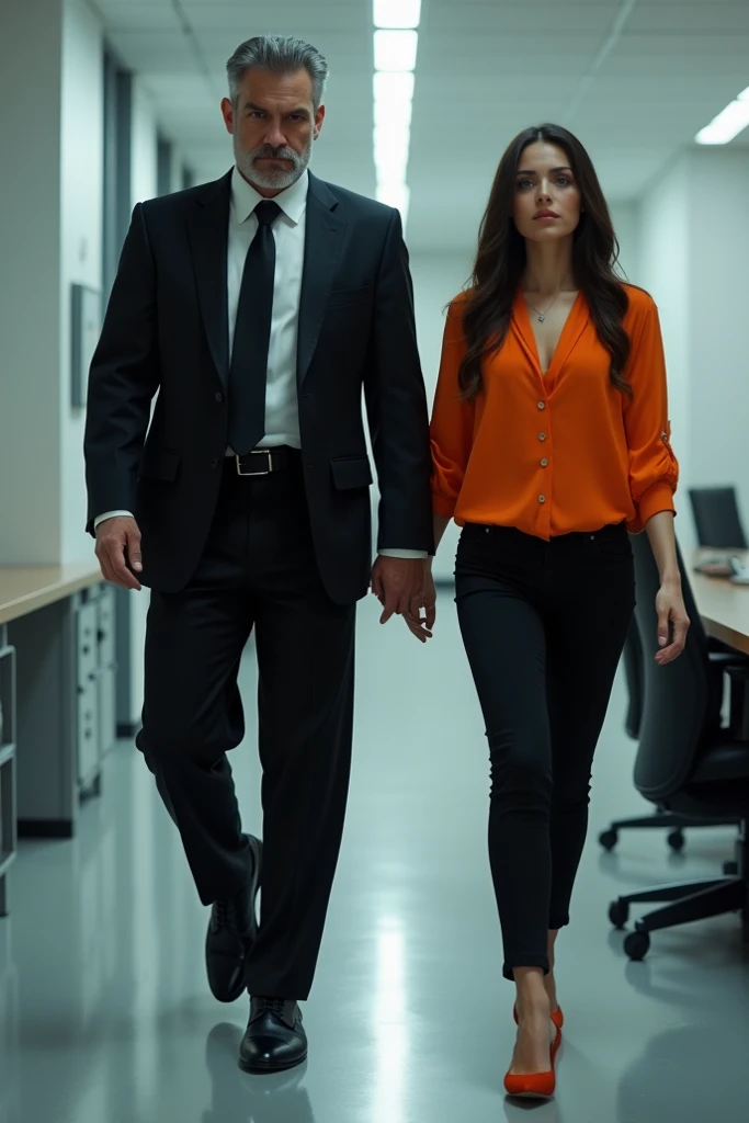 Wearing black court and tie man going to kill wearing orange color blouse women at the office 