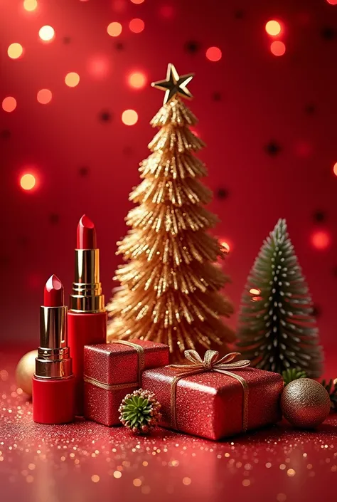 Cover photo with Christmas cosmetics items arranged serially、red、 gold、 glitter 、 Christmas tree 、 present