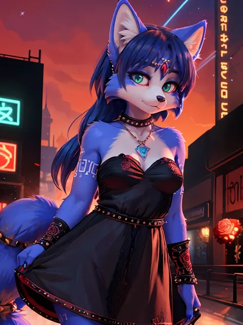 A portrait of  ((krystal)), Star Fox-Krystal, lovable, green eyes, ((( long blue hair 1 .3))), Decollete, anthro, Fuzzy,  detailed Fluffys fell,  detailed face , (Fluffy),  1 girl, ,woman, Goth, green eyes, undercut, ultra-realistic 8k cg ,  masterpiece, (...