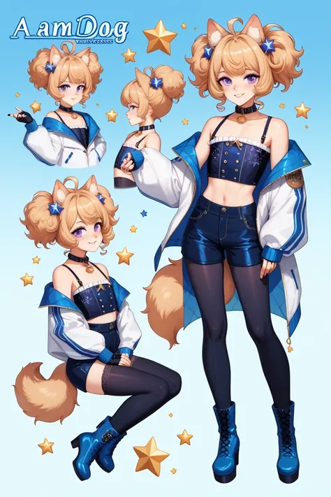 femboy, pomeranian dogboy, pomeranian dog ears, short curly hair, strawberry blond hair, purple eyes, beauty marks, moles, freckles, masterpiece, best quality, character sheet, pomeranian tail, full body, fully clothed, male clothes, A flowing white jacket...