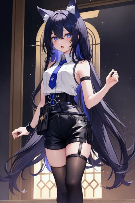 Project Oriental , Flanders Scarlet Crossed at the Waist ., cute, Anime, 4K, masterpiece , Whole body, Game of Shadows, Highest quality, ,1 girl, Look at the audience ,alone, chest, Long hair, set, blue eyes,Open shoulders, Open mouth,Wolf ears, dark black...