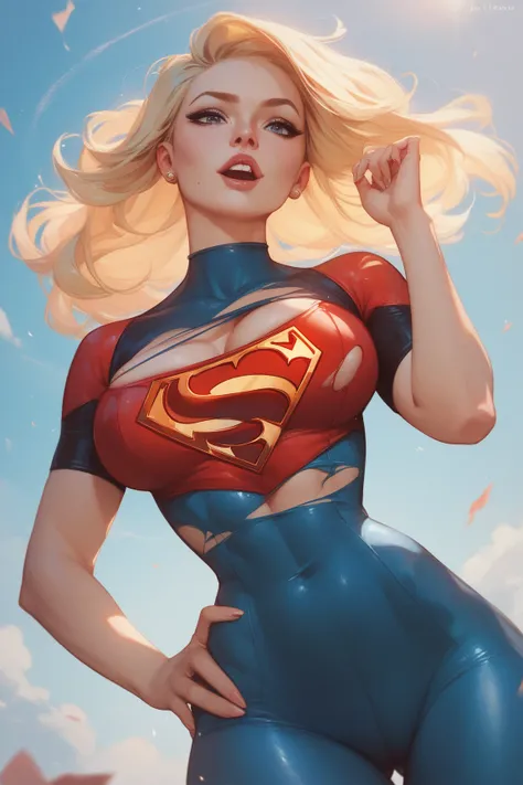 an extremely sexy blonde woman with a thin waist and large breasts looks to the sky and rips her the shirt of her business suit open to reveal the Supergirl costume underneath. femi9nine business suit, ripped shirt, skin tight costume