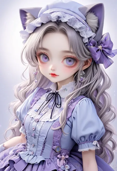 1 cute girl with cat ear and cat tail, ligne claire, contour deepening beautiful detailed glow, by famous artist,  head tilt, long white hair, curly hair, Air bangs, Grey hair, beautiful detailed hair, Beautiful face, ^ ^, lovely big eyes, flat chest,  zet...