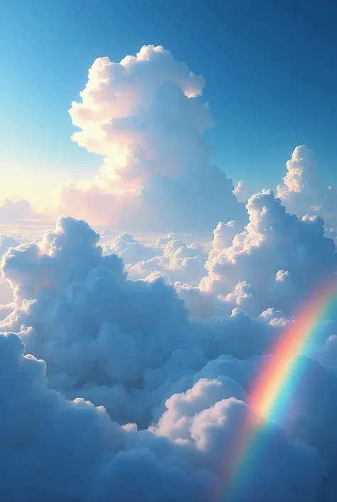  Beautiful cloud seascape ， Clouds in the clouds in the shape of dolphins and clouds in the shape of waves，Leave behind a big rainbow ，Under the rainbow mist ， A beautiful planet in the distance ,Realistic,HD,More details 