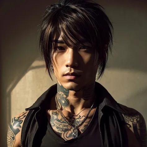 1 man, Japanese man, male, Asian eyes, muscular, broad shoulders, yakuza tattoos, hairstyle Visual Kei style, hair Visual Kei, black mens shirt and black pants, ultra detailed face, and eyes,  hyperrealistic, realistic representation, long hair, long hair,...