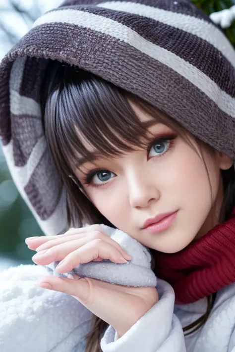 (1girl:1.5) ,In a snowy winter, a girl is standing alone in the open snow. The cold wind ruffles her hair. The girl is wearing a thick swimsuit, but still seems to be shivering. She has a warm wool scarf around her neck, which is bright red, adding a touch...