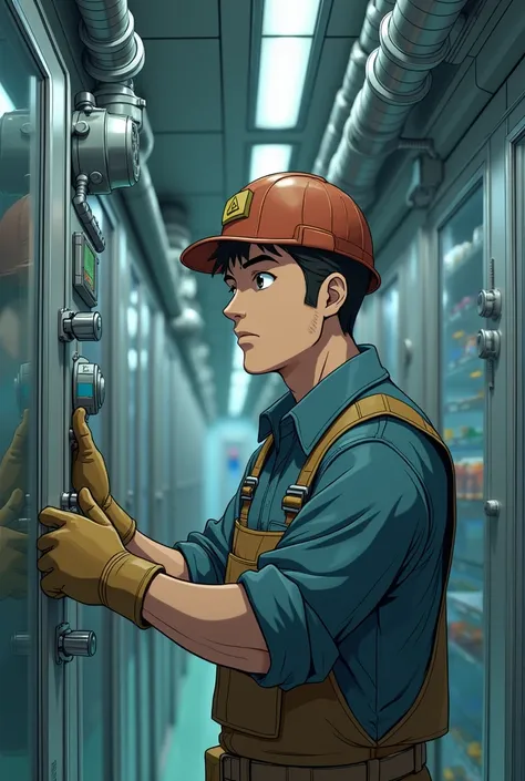 High quality,  8K Ultra HD , Make the upper body of a male facility engineer inspecting a pneumatic tube system at a general hospital in Ghibli style