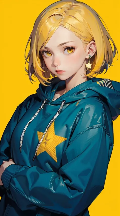 1 girl, bob hair, light  yellow hair, hoodie, dark yellow hair, yellow eyes, simple, (((star)))