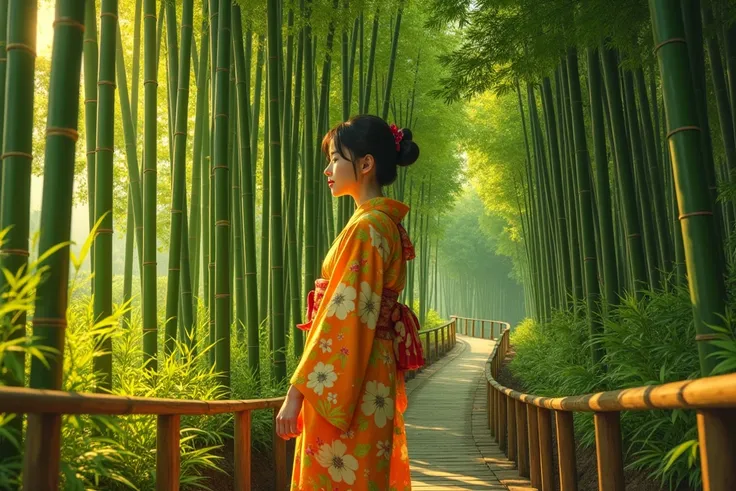 a 20 year old Japanese girl standing in the middle of the bamboo forest, bamboo grass and railing at the side of the path, medium breast, wearing kimono posing in front fo the camera