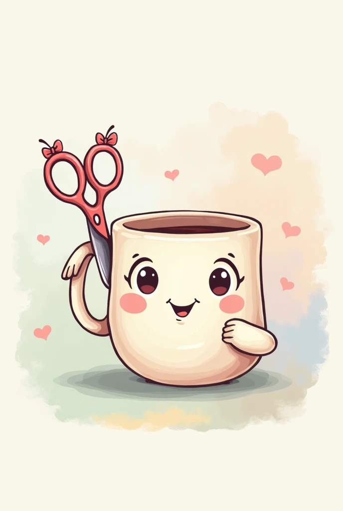 Cute cartoon style mug holding scissors with pastel colors