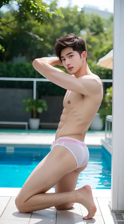 Young Thai,High school students,handsome,cute, baby face , , White skin,  sexy , Pink Sexy Mens Underwear(thong),The target is bulging.,  blue eyes , Bokeh,  pool background,  masterpieces ,  full body image,