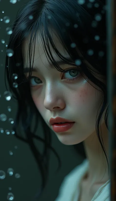 image of the face of a beautiful woman, her skin is beautiful, her eyes are gray, her hair is intense black, tears flow from her eyes, she looks at the rain in the mirror, sad atmosphere