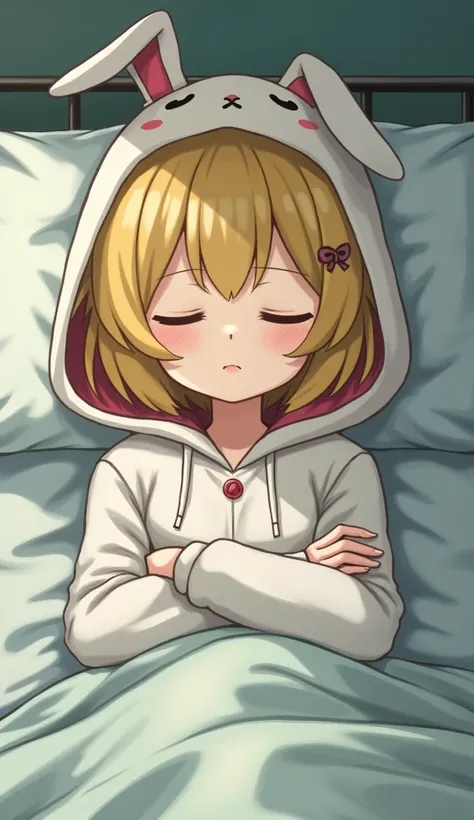  1 girl ,  Grown Ups,Dark yellow hair, hospital bed ,Baggyな服, high definition , masterpiece, accurate,  very detailed,  textured skin, reality, short hair ,Fluffy,Baggy,ren&#39;s Bras,, smaller breasts,Rabbit costume pajamas, bob hair,big hood, closed eyes...