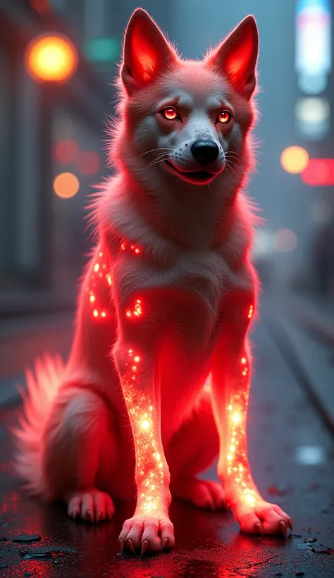 "Create 32k ultra-realistic image of a dangerous, mutated hybrid fusion of Dog, Apple, and The Lightsaber as a costume. This evolution features a fierce dog with sleek fur, its body adorned with vibrant, glowing apple textures that shift from smooth, red s...