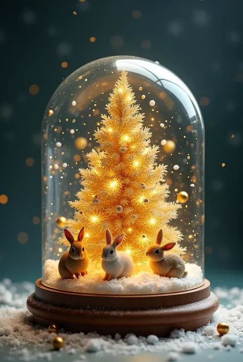 A picture of a golden Christmas tree, snowflakes, and rabbits inside a snow globe