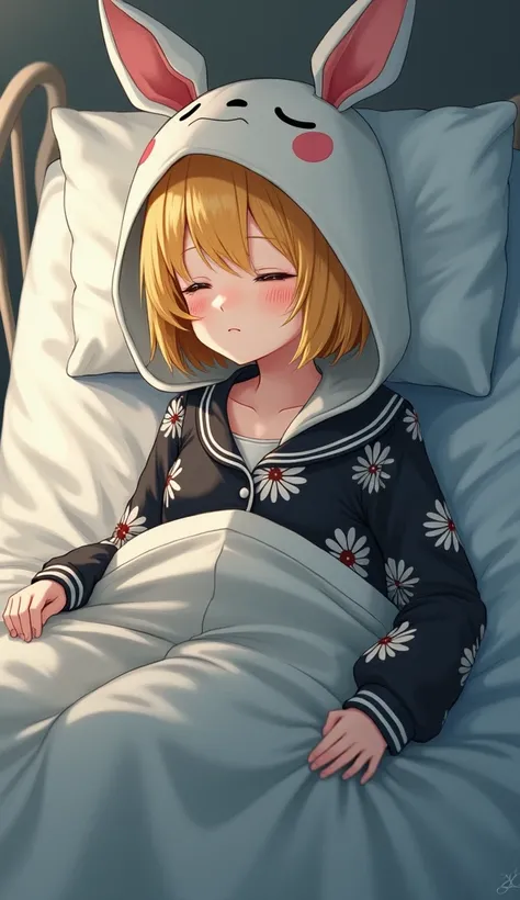  1 girl ,  Grown Ups,Dark yellow hair, hospital bed ,Baggyな服, high definition , masterpiece, accurate,  very detailed,  textured skin, reality, short hair ,Fluffy,Baggy,ren&#39;s Bras,, smaller breasts,Rabbit costume pajamas, bob hair,big hood, closed eyes...