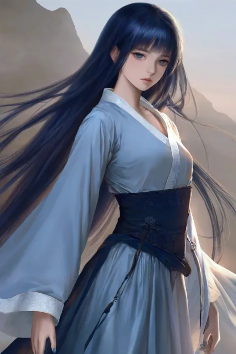 blue hair ,blue hanfu, small breasts, very long hair, expressionless, masterpiece, best quality, realistic, 8k, official art, cinematic light, ultra high res, perfect female body, sharp focus, guofeng, 1girl, solo, chinese clothes, realistic, nail polish, ...