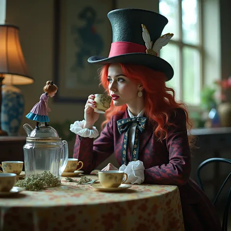 The female cosplay hatter from Tim Burtons Alice in Wonderland drinks tea at the table, at foreground, a tiny woman resembling alice trying to climbing the giant glass, hyperdetalization, depth of field, best quality