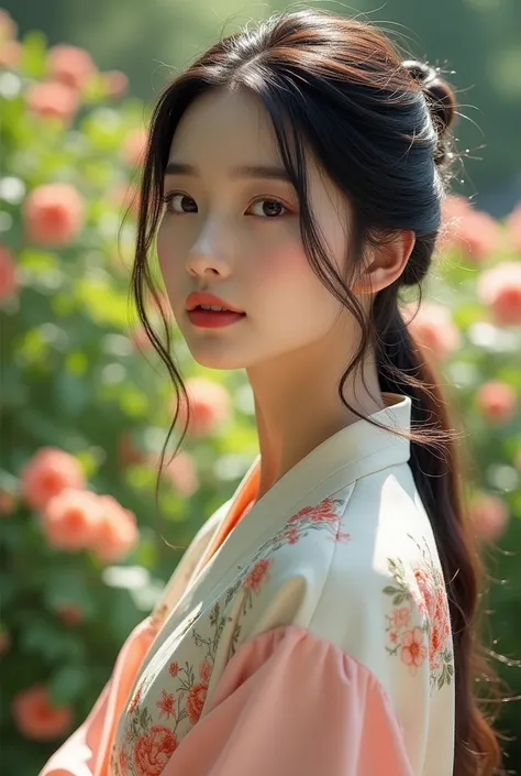 a 20s korean woman, beautiful detailed eyes, beautiful detailed lips, extremely detailed face, long eyelashes, delicate facial features, soft skin, elegant expression, wavy medium length hair, wearing a traditional korean hanbok dress, natural lighting, in...