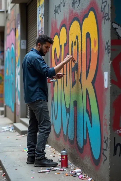 1: A man wearing casual clothing, painting a wall with graffiti colors in an urban alleyway. He is writing the text "कालः सत्यं वदति। समय आपको सत्य से अवगत करा ही देता है।" in Hindi. The scene features a grungy concrete wall, scattered spray paint cans, an...