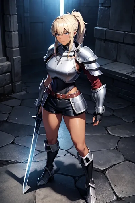  anime picture 、 full-body portrait crossing the camera、Medieval Berserker 、 dark-skinned woman、Clear Sky Wilderness 、A dark-skinned berserker woman standing upright with a large steel sword, about 31 years old, wearing spiny shoulder armor, chest armor, a...