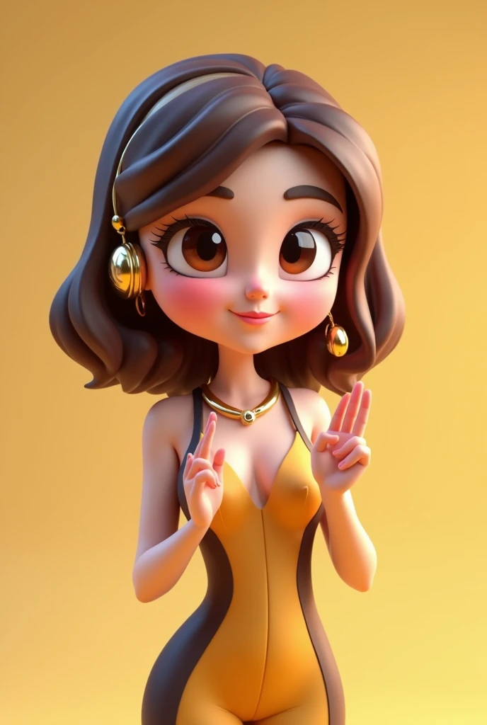 I want a cute customer service female, a cute cartoon 3D character, her hand praying, wearing a sexy dress with the company name "Pay69." The accessories on her body match the style of her clothes: gold and dark brown.
