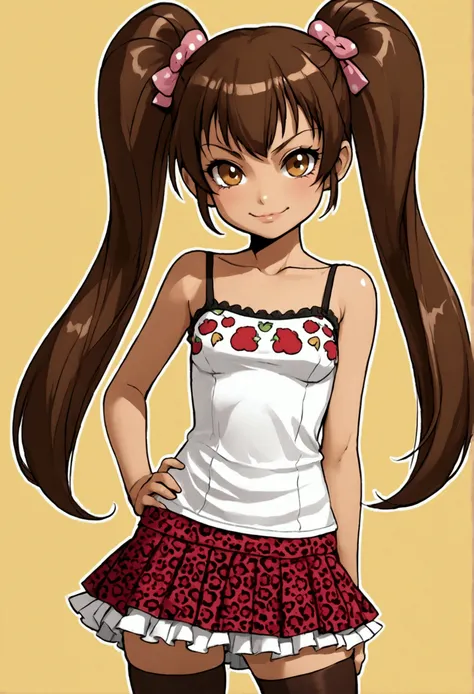 suntan,flat chested,smug face,camisole,female brat,brown hair twin tails,thighs,microskirt,super tight,hand on hip,print shirt,skirt,thighhighs,loli,