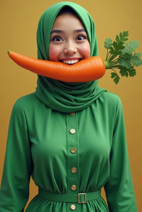 Hijab women indonesia , 
 Green Dress ,fullbody, smile to viewer  Bring Carrot Huge Bang, Breasts, open mouth, suprise