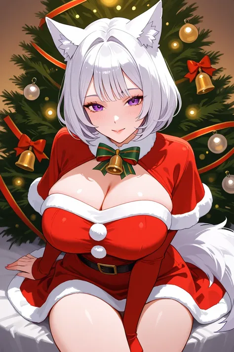  Waifu milf with wolf ears and tail, in a Christmas dress ,  white hair,  purple eyes,