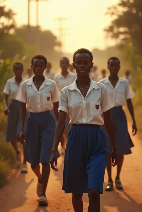 Photo réaliste dun groupe délèves africaines en train de se rendre à lécole à pieds. Elles portent des uniformes blancs et bleu. Elles transpirent abondamment et ont lair très fatigués. Elles poussent des soupirs de fatigue apparents