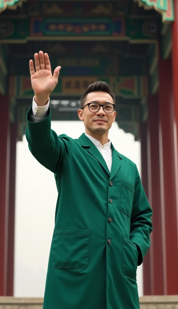 Surgeon profession . wearing green ground coat ,Wear glasses,Raise your hand ,very handsome,Short hair,clean, smooth skin. Background is a temple of heaven,