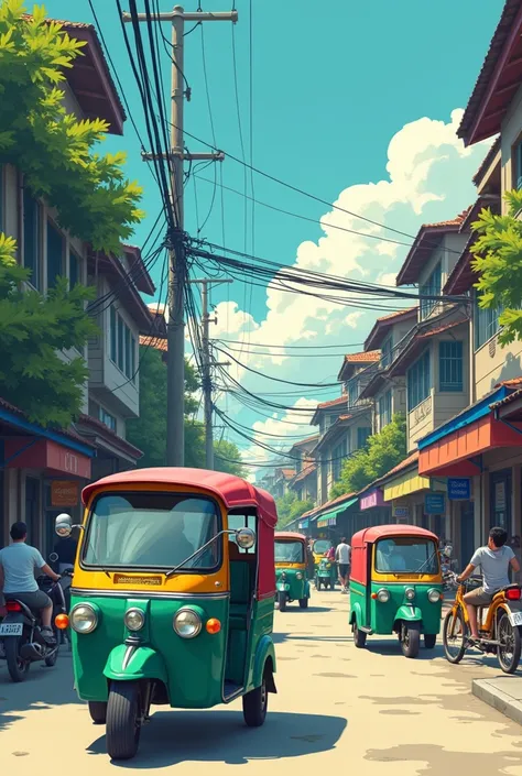 Tuk-tuks, bangkok Thailand, Mute pastel color，Retro soul, 1990s animation, 1980s animation, Retro soul，Retro anime style，Masterpiece, Best Quality, 1gSimple background, Old School Animation, beautiful anime,(ultra-detailed background, detailed background),...