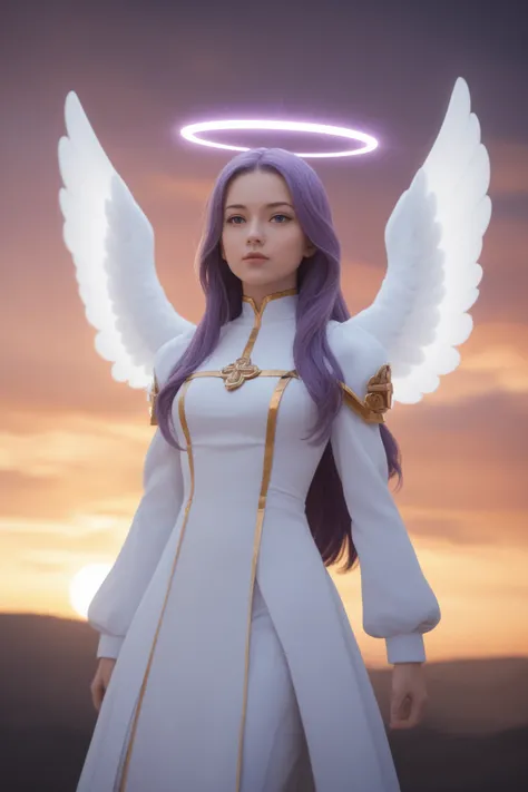 ((masterpiece, best quality, extremely detailed), volumetric lighting, ambient occlusion, colorful, glowing), 
1girl, solo, young girl, (purple hair), long hair, halo, aura, sacred, goddess, cleric suit, (white outfit with gold detailst:1.3), angel wings,
...