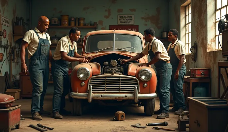 5 Young black ethiopian mechanics repairing an old car in a dirty garage during 1960s