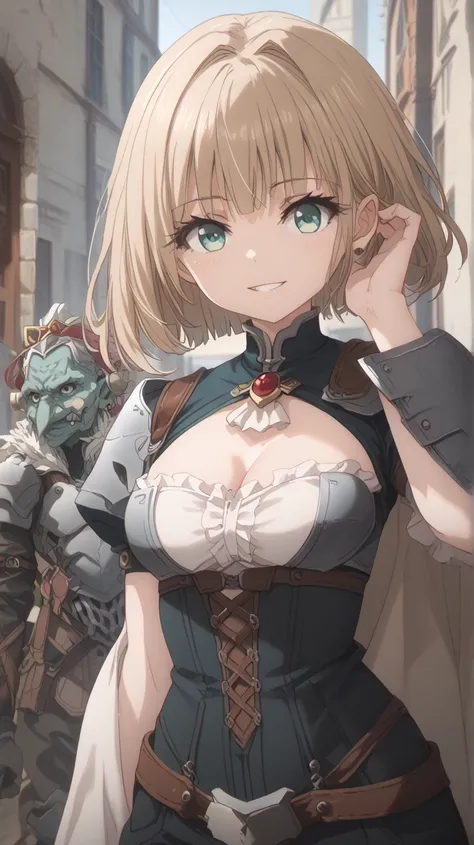 maximum quality, (((one girl))), goblin, Turquoise eyes, ((short hair)), cape, ((one shoulder armor)), ornamented light brown hair, long hime cut, (((straight hair)))((very big chest)), smile,, corset, bob cut