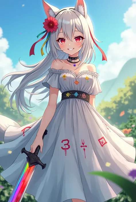 Create a Demi girl in anime style with long black hair and wolf ears,Her hair has colorful strands and her eyes glow red . She wears a flower covered with blood in her hair and a black dress with lots of colorful signs and symbols in her left hand is a swo...