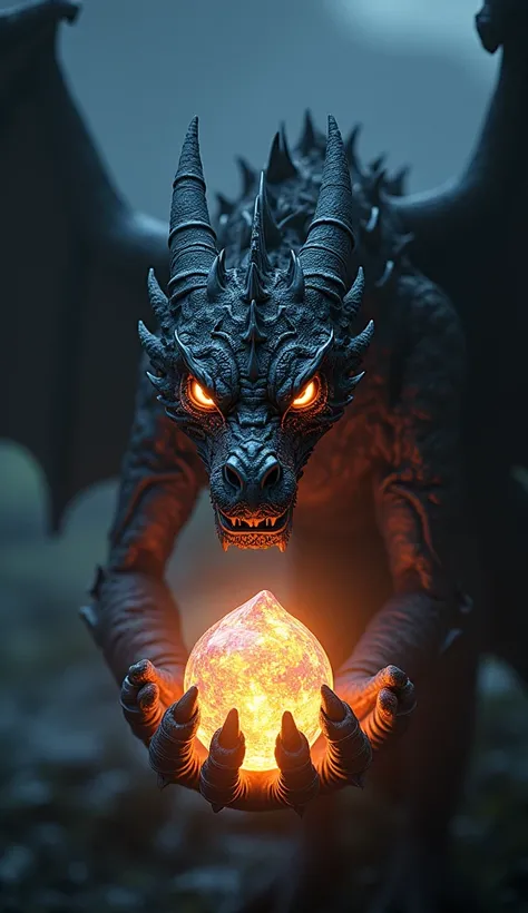 Drogon symbol magical stone holding chind firey eyes background dark this is unreal Engine