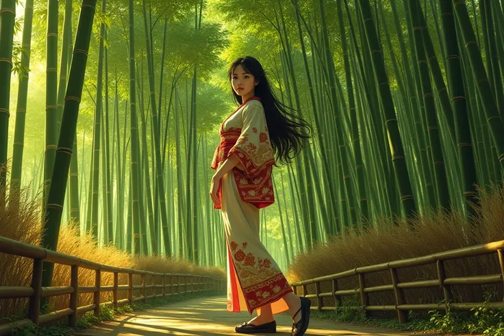 a 20 year old Japanese girl standing in the middle of the bamboo forest, long dry bamboo grass and round wooden railing at the side of the path, medium breast, wearing kimono posing in front fo the camera