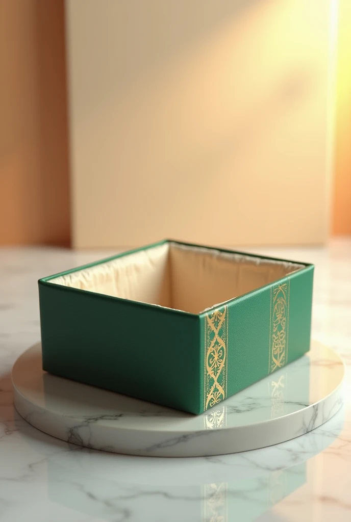 Create a detailed 3D-rendered image of the second part of a gift box, which is the base of the box. Position the base directly below the lid, slightly tilted to emphasize its depth and sturdiness. The base should rest on a smooth marble surface with soft v...