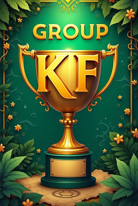   Create a poster with the name "GROUP KF" modern and very , very elegant on the front  ,
  in vibrant colors using green and yellow  ,   with a treasure hunt background and a large trophy  