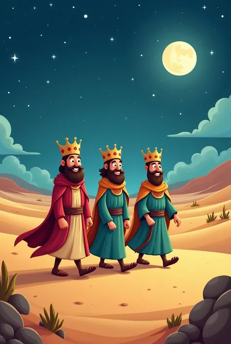 The Three Kings walking in the desert at night cartoon mode 