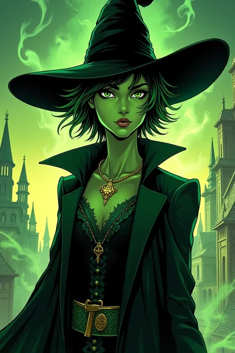 Generate the comic style image of Elphaba from Wicked, a young male version with feminine features